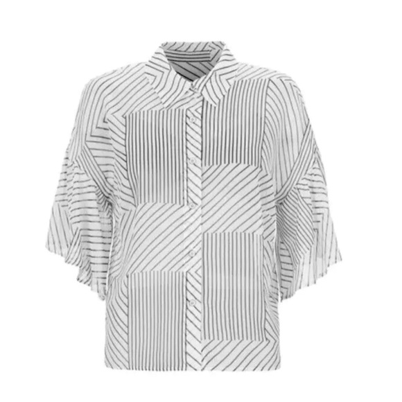 Cabi Parallel Button Down Black & White Striped Artsy Pattern - Sheer-Sz Small - Picture 2 of 13